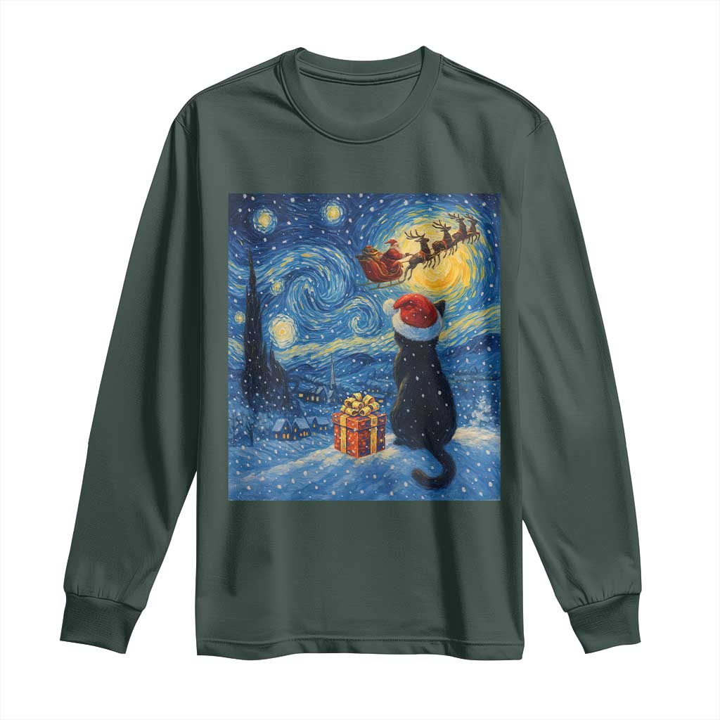 Cat Starry Night Christmas Long Sleeve Shirt Van Gogh Cat Lover Xmas TS14 Dark Forest Green Print Your Wear