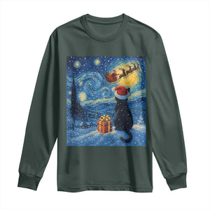 Cat Starry Night Christmas Long Sleeve Shirt Van Gogh Cat Lover Xmas TS14 Dark Forest Green Print Your Wear