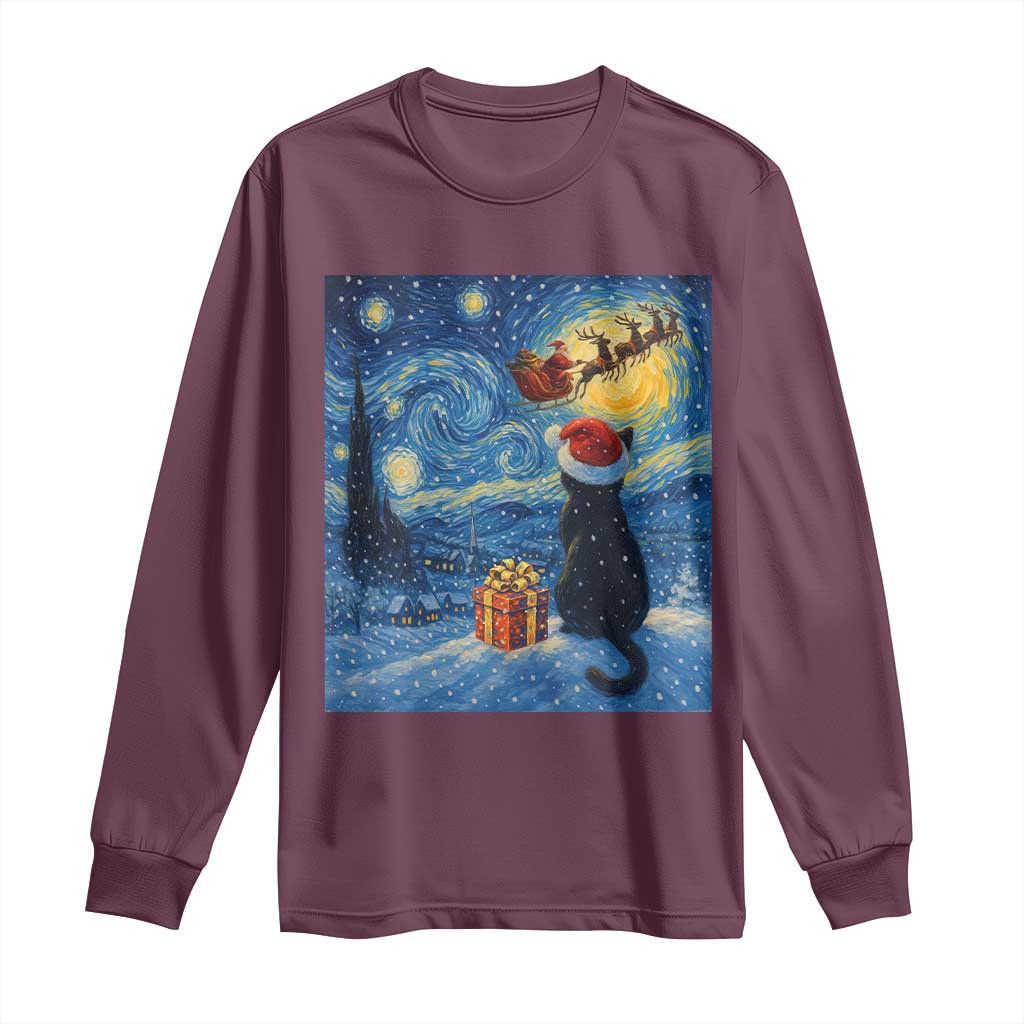 Cat Starry Night Christmas Long Sleeve Shirt Van Gogh Cat Lover Xmas TS14 Maroon Print Your Wear