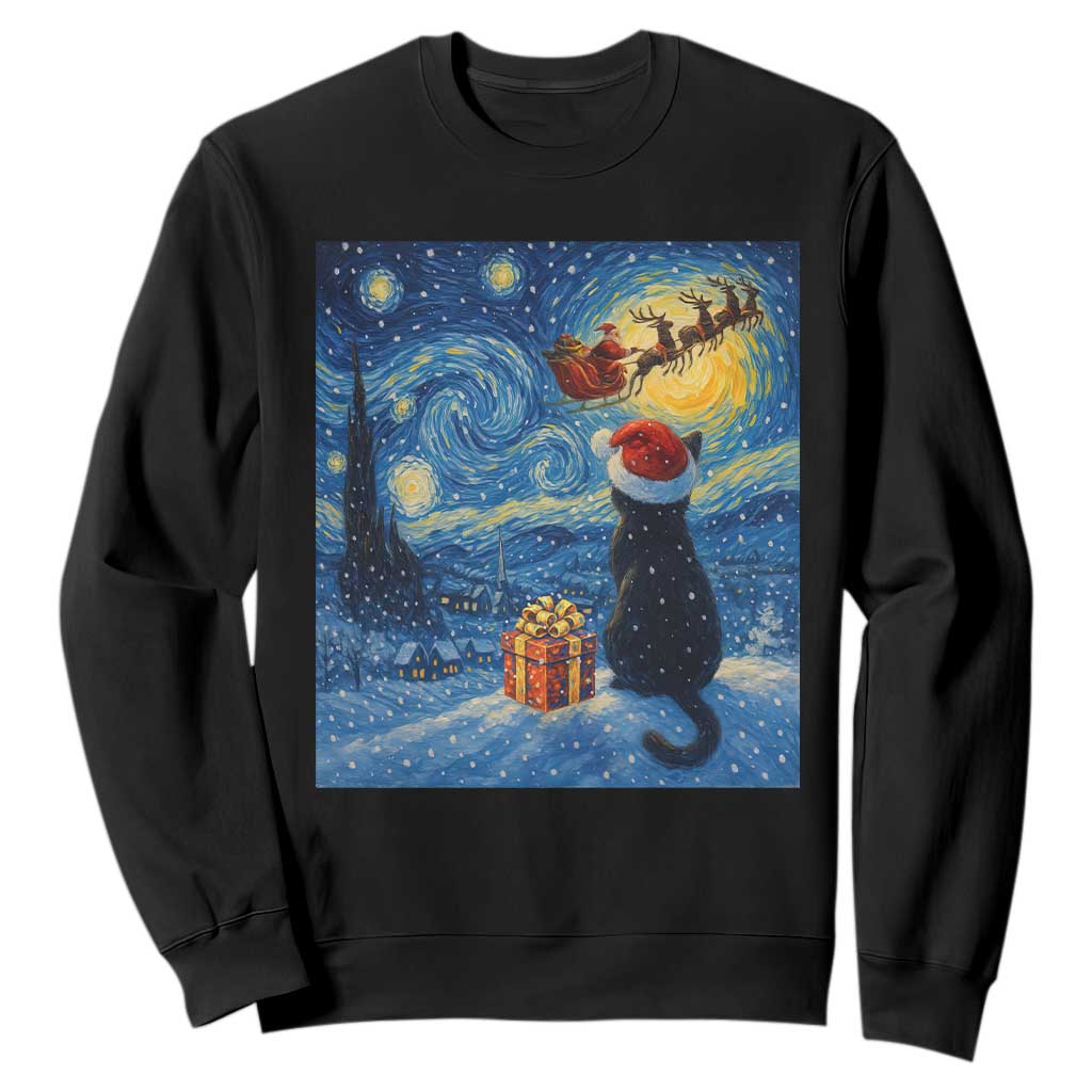 Cat Starry Night Christmas Sweatshirt Van Gogh Cat Lover Xmas TS14 Black Print Your Wear