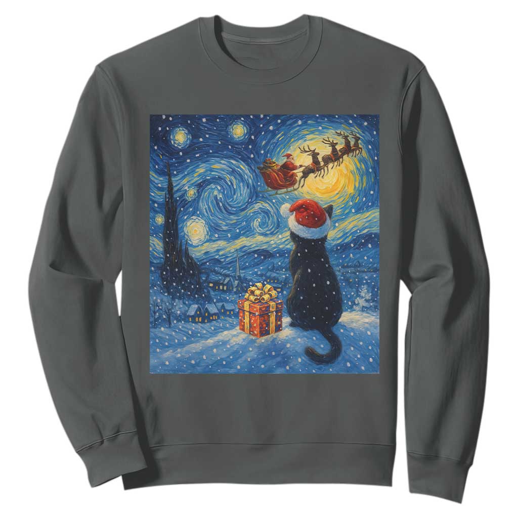 Cat Starry Night Christmas Sweatshirt Van Gogh Cat Lover Xmas TS14 Dark Heather Print Your Wear