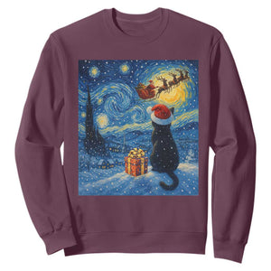Cat Starry Night Christmas Sweatshirt Van Gogh Cat Lover Xmas TS14 Maroon Print Your Wear