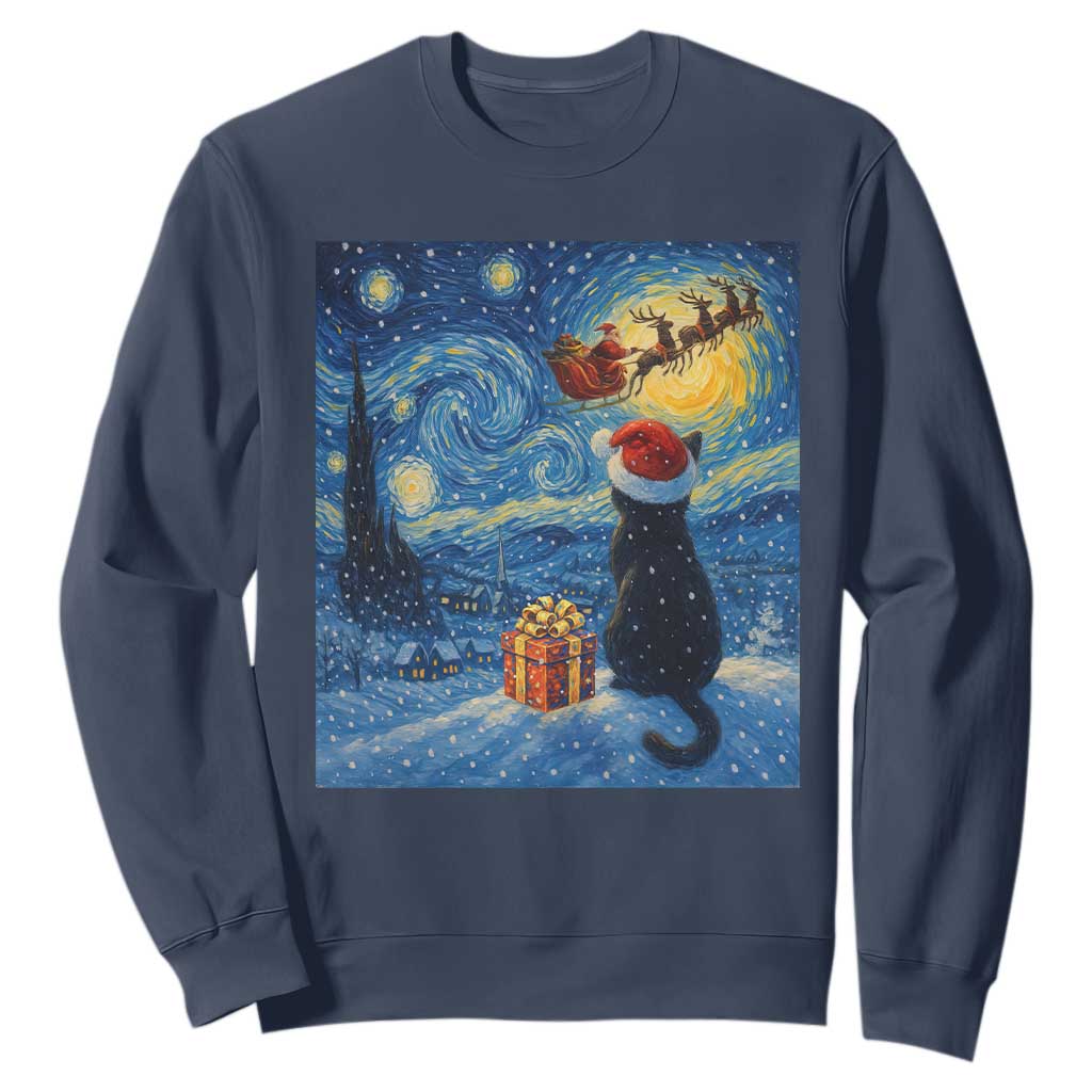 Cat Starry Night Christmas Sweatshirt Van Gogh Cat Lover Xmas TS14 Navy Print Your Wear