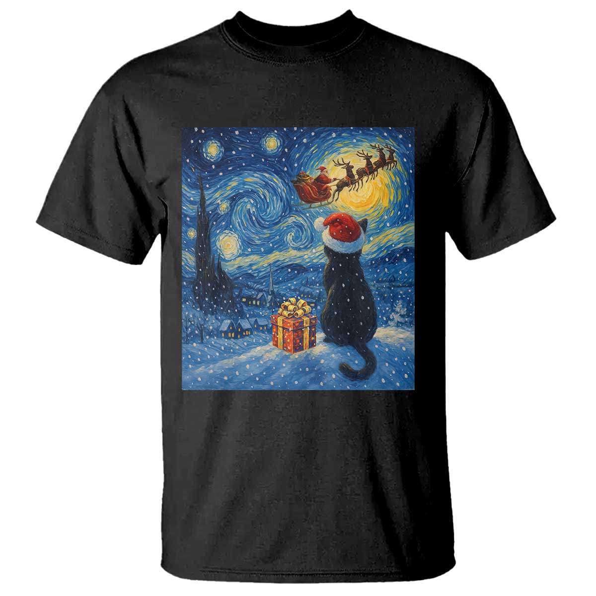 Cat Starry Night Christmas T Shirt Van Gogh Cat Lover Xmas TS14 Black Print Your Wear