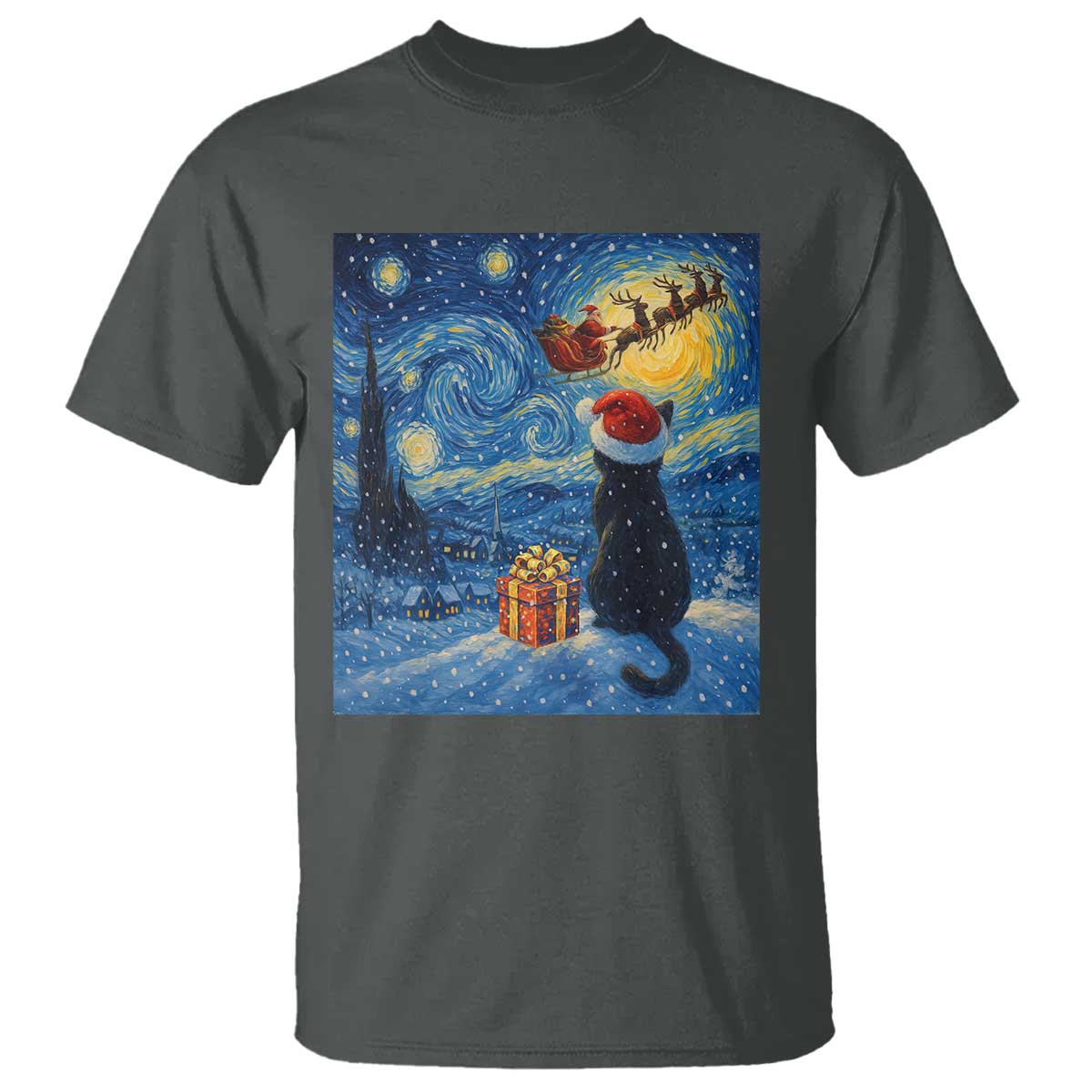 Cat Starry Night Christmas T Shirt Van Gogh Cat Lover Xmas TS14 Dark Heather Print Your Wear