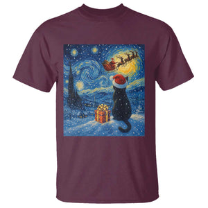 Cat Starry Night Christmas T Shirt Van Gogh Cat Lover Xmas TS14 Maroon Print Your Wear
