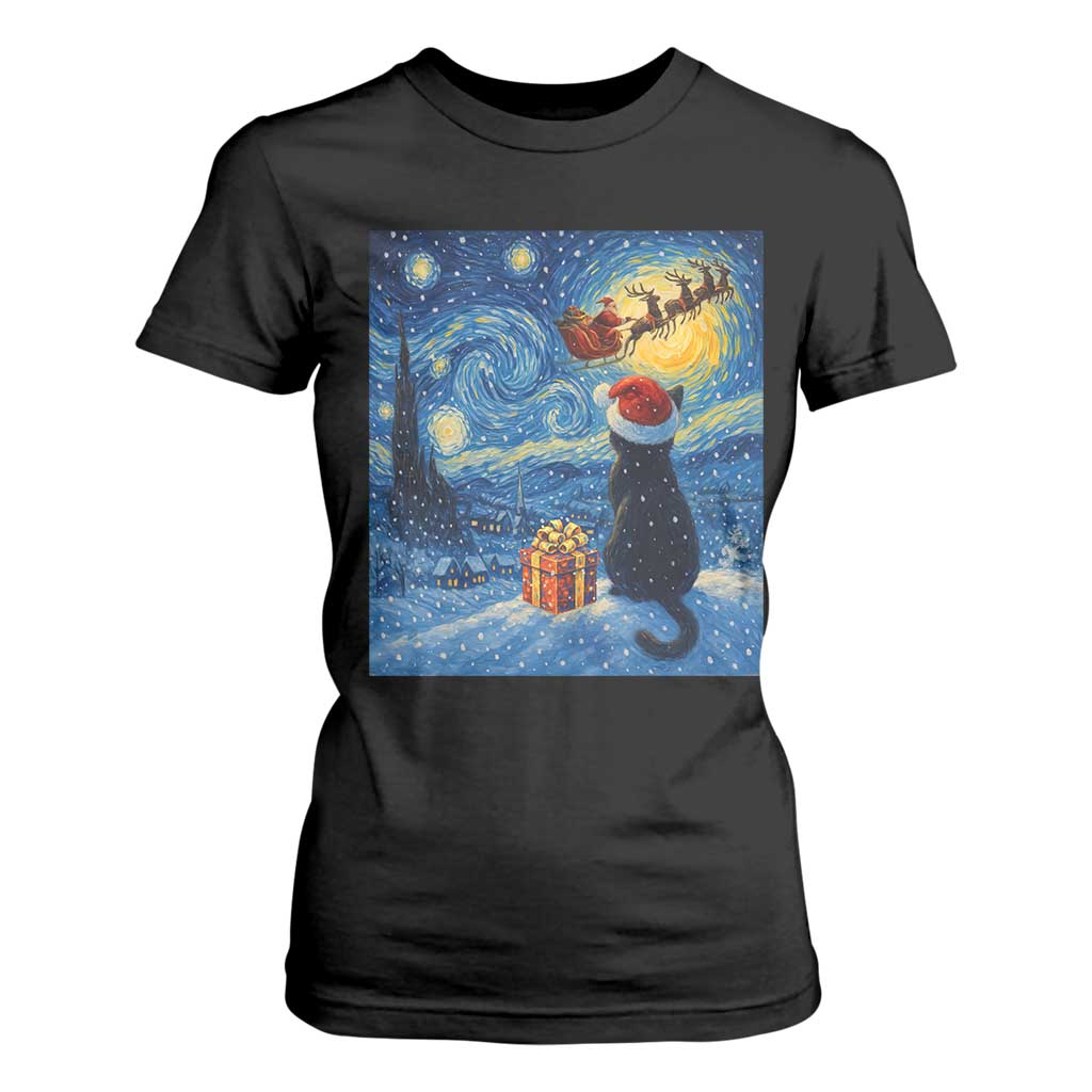 Cat Starry Night Christmas T Shirt For Women Van Gogh Cat Lover Xmas TS14 Black Print Your Wear
