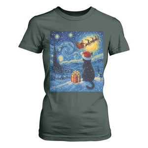 Cat Starry Night Christmas T Shirt For Women Van Gogh Cat Lover Xmas TS14 Dark Forest Green Print Your Wear