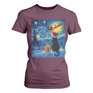 Cat Starry Night Christmas T Shirt For Women Van Gogh Cat Lover Xmas TS14 Maroon Print Your Wear