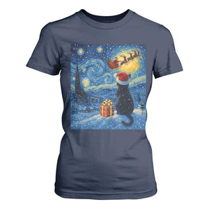 Cat Starry Night Christmas T Shirt For Women Van Gogh Cat Lover Xmas TS14 Navy Print Your Wear