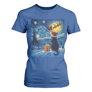 Cat Starry Night Christmas T Shirt For Women Van Gogh Cat Lover Xmas TS14 Royal Blue Print Your Wear