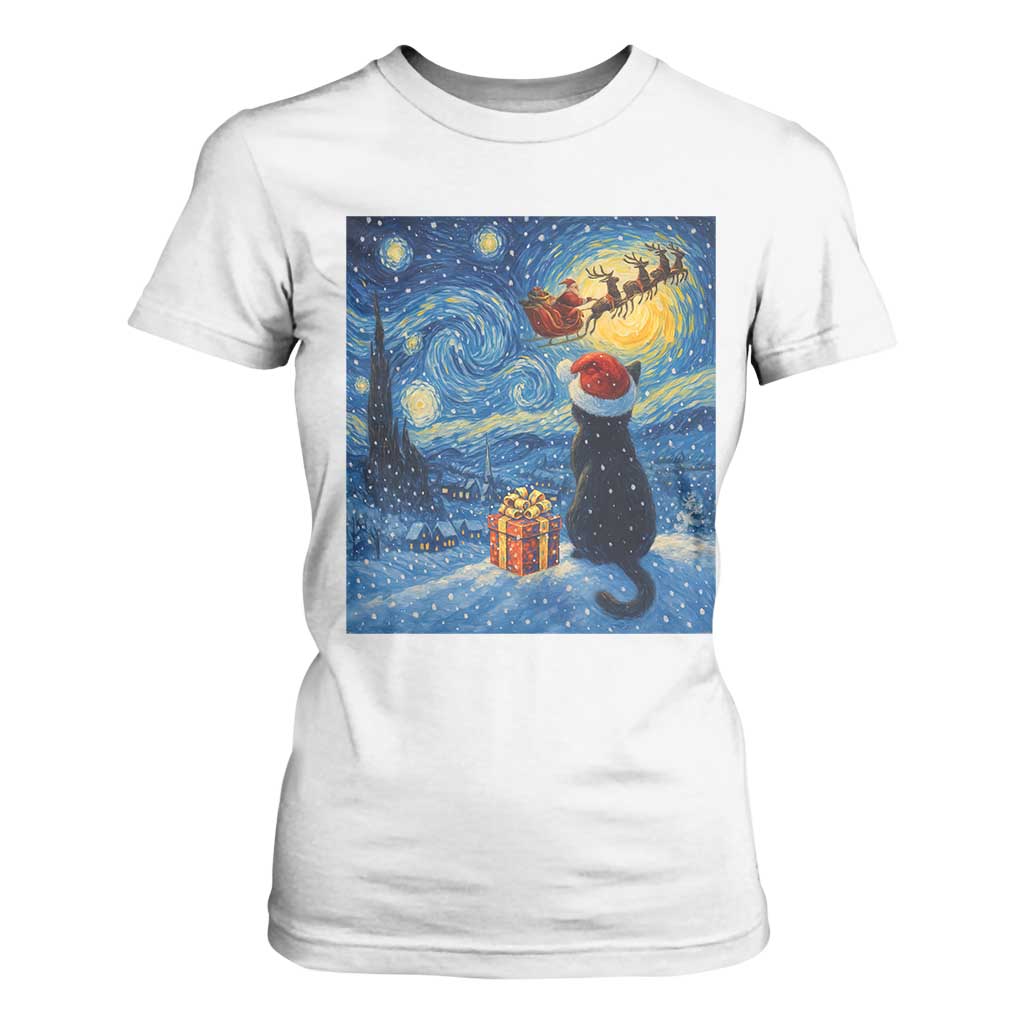 Cat Starry Night Christmas T Shirt For Women Van Gogh Cat Lover Xmas TS14 White Print Your Wear