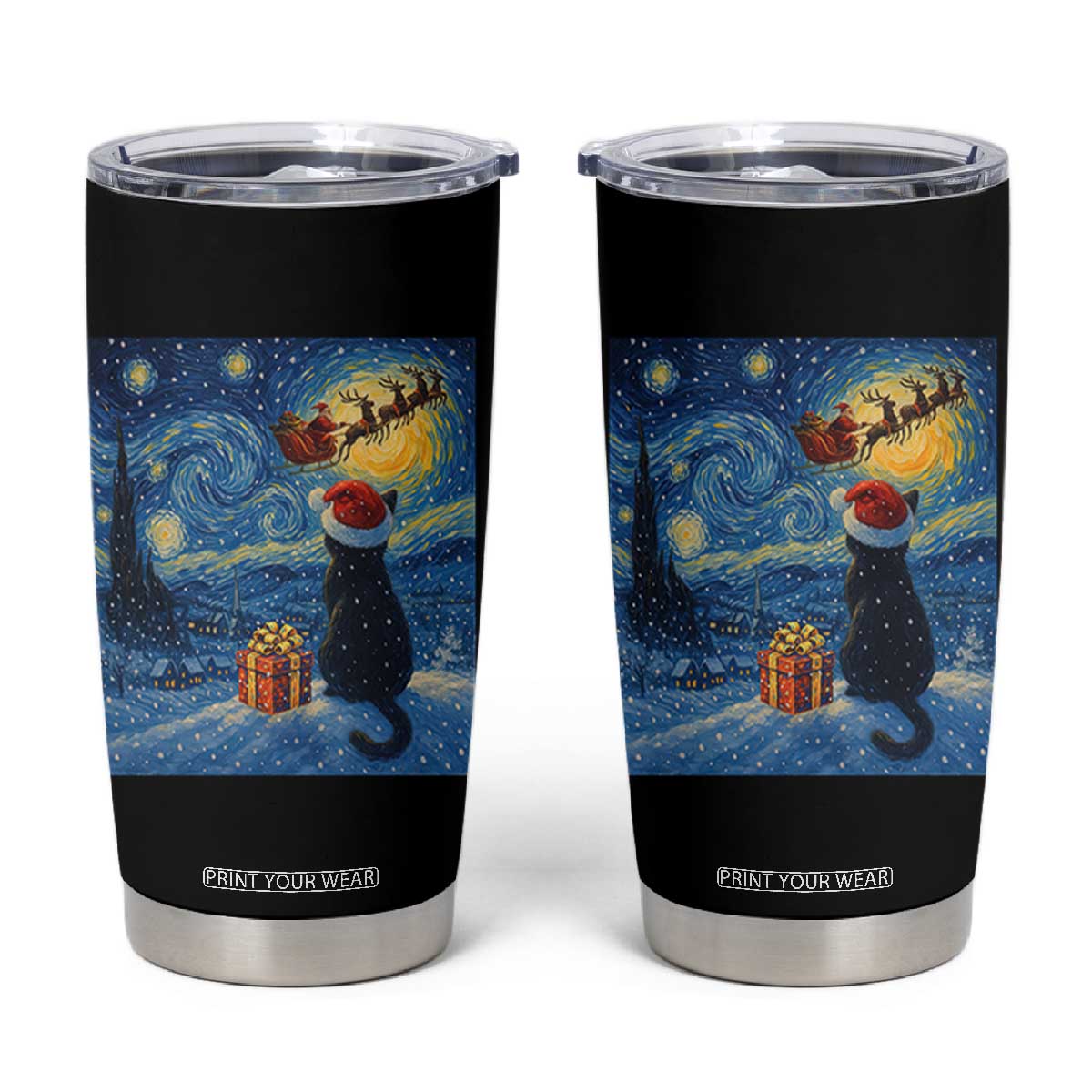 Cat Starry Night Christmas Tumbler Cup Van Gogh Cat Lover Xmas TS14 Black Print Your Wear