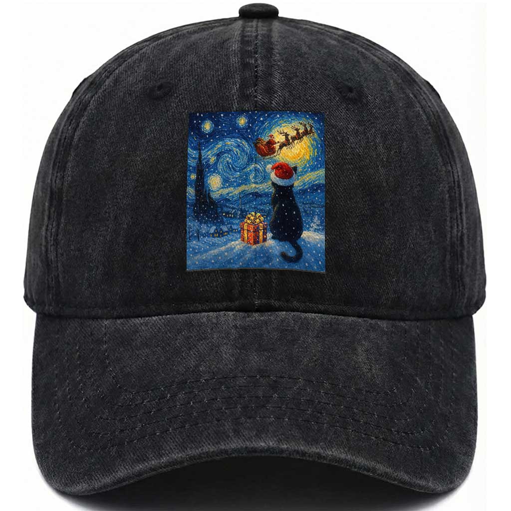 Cat Starry Night Christmas Washed Cotton Baseball Cap Van Gogh Cat Lover Xmas TS14 Washed Cap Universal Fit Black Print Your Wear