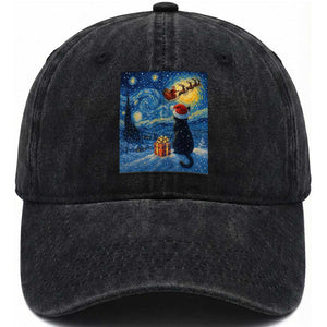 Cat Starry Night Christmas Washed Cotton Baseball Cap Van Gogh Cat Lover Xmas TS14 Washed Cap Universal Fit Black Print Your Wear