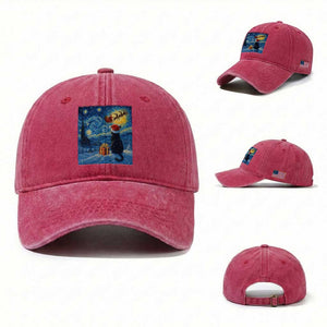 Cat Starry Night Christmas Washed Cotton Baseball Cap Van Gogh Cat Lover Xmas TS14 Washed Cap Universal Fit Red Print Your Wear