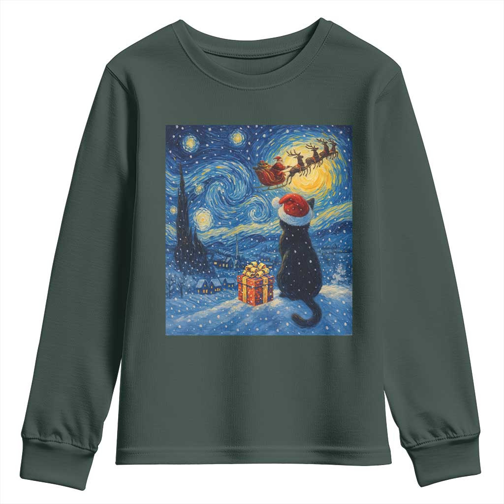 Cat Starry Night Christmas Youth Sweatshirt Van Gogh Cat Lover Xmas TS14 Dark Forest Green Print Your Wear