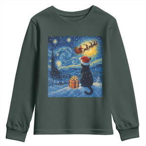 Cat Starry Night Christmas Youth Sweatshirt Van Gogh Cat Lover Xmas TS14 Dark Forest Green Print Your Wear