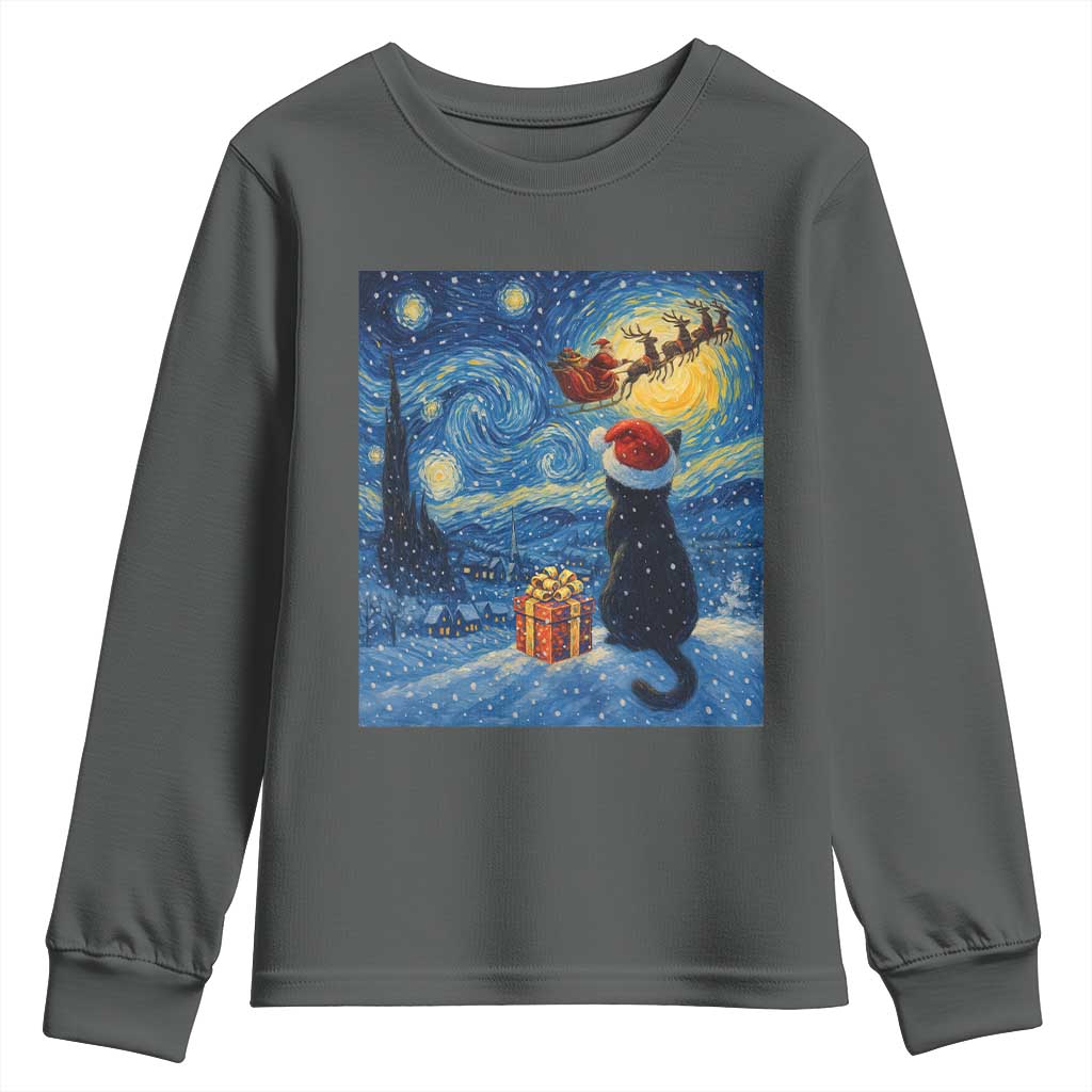 Cat Starry Night Christmas Youth Sweatshirt Van Gogh Cat Lover Xmas TS14 Dark Heather Print Your Wear