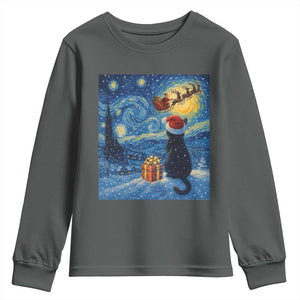 Cat Starry Night Christmas Youth Sweatshirt Van Gogh Cat Lover Xmas TS14 Dark Heather Print Your Wear