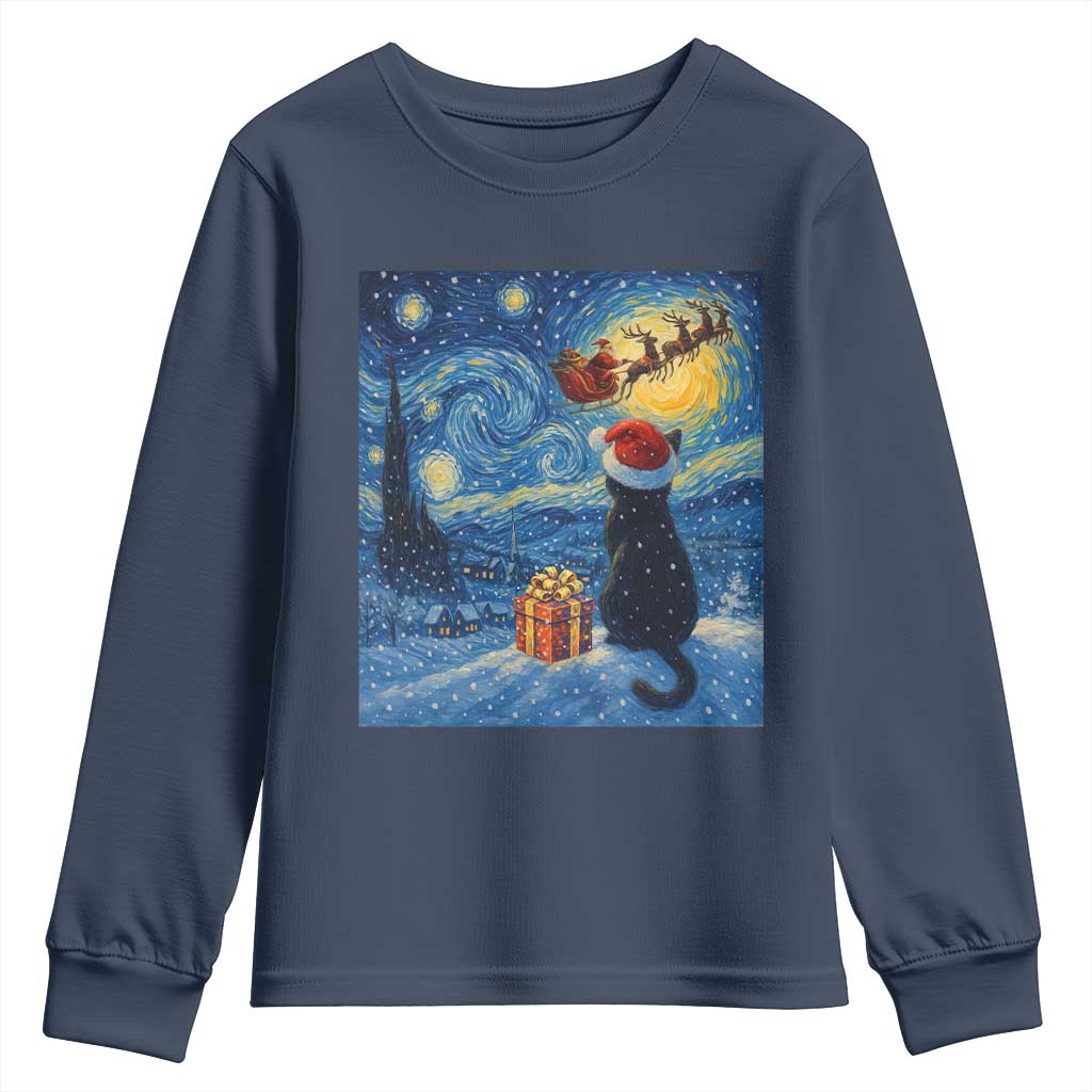 Cat Starry Night Christmas Youth Sweatshirt Van Gogh Cat Lover Xmas TS14 Navy Print Your Wear