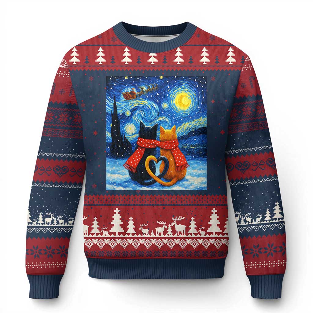 Funny Couples Xmas Ugly Christmas Sweater Cats Lover Starry Night TS14 Navy Red Print Your Wear