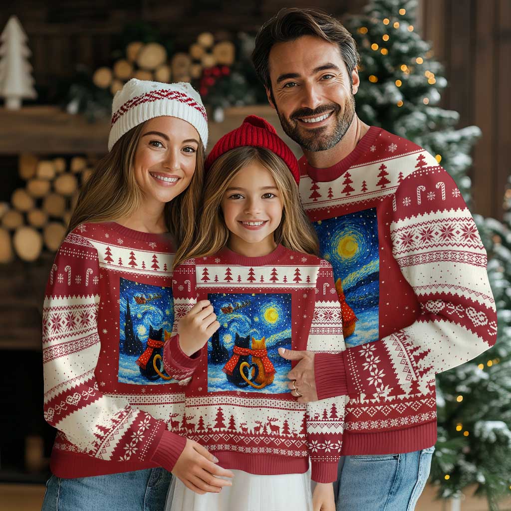 Funny Couples Xmas Ugly Christmas Sweater Cats Lover Starry Night TS14 Red Beige Print Your Wear