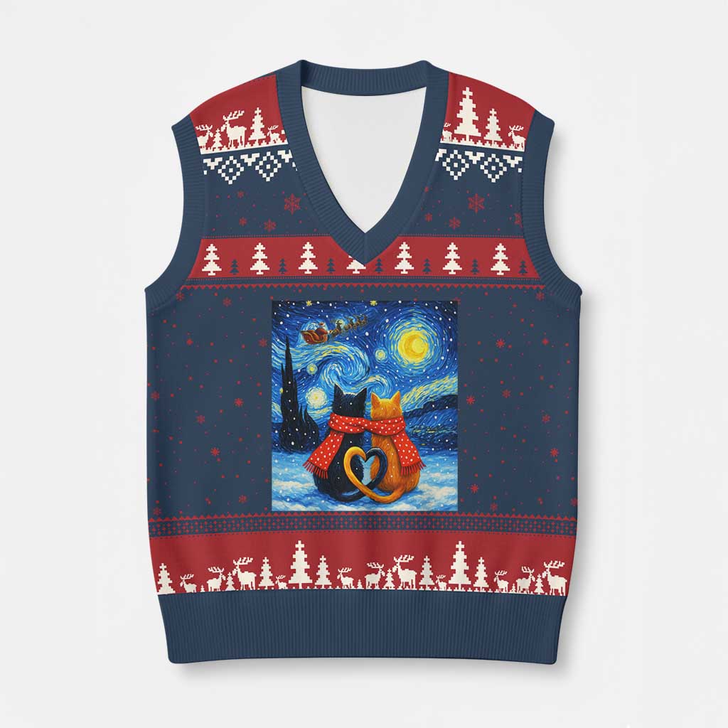 Funny Couples Xmas V-Neck Knit Sweater Vest Cats Lover Starry Night TS14 Navy Red Print Your Wear