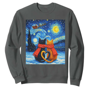 Funny Couples Christmas Sweatshirt Cats Lover Starry Night TS14 Dark Heather Print Your Wear