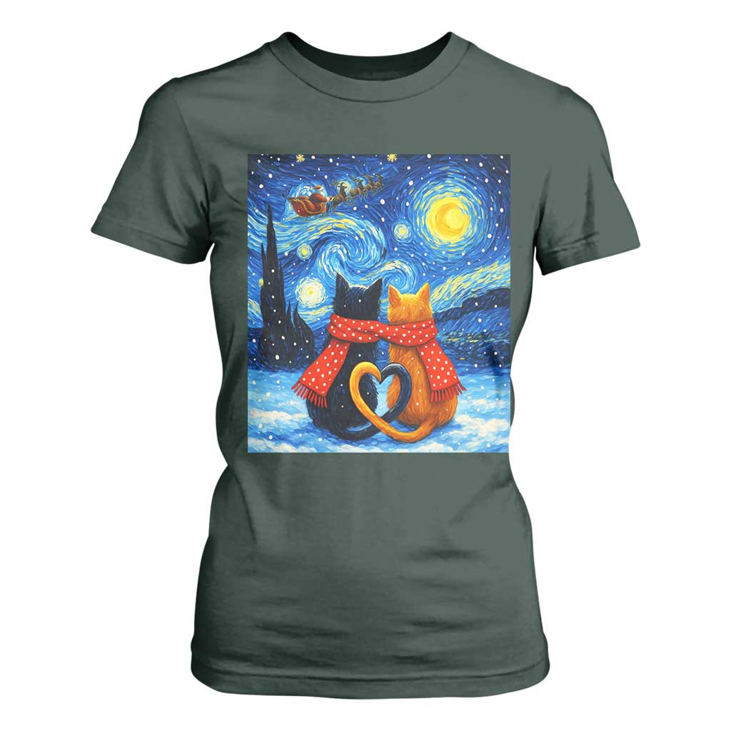 Funny Couples Christmas T Shirt For Women Cats Lover Starry Night TS14 Dark Forest Green Print Your Wear