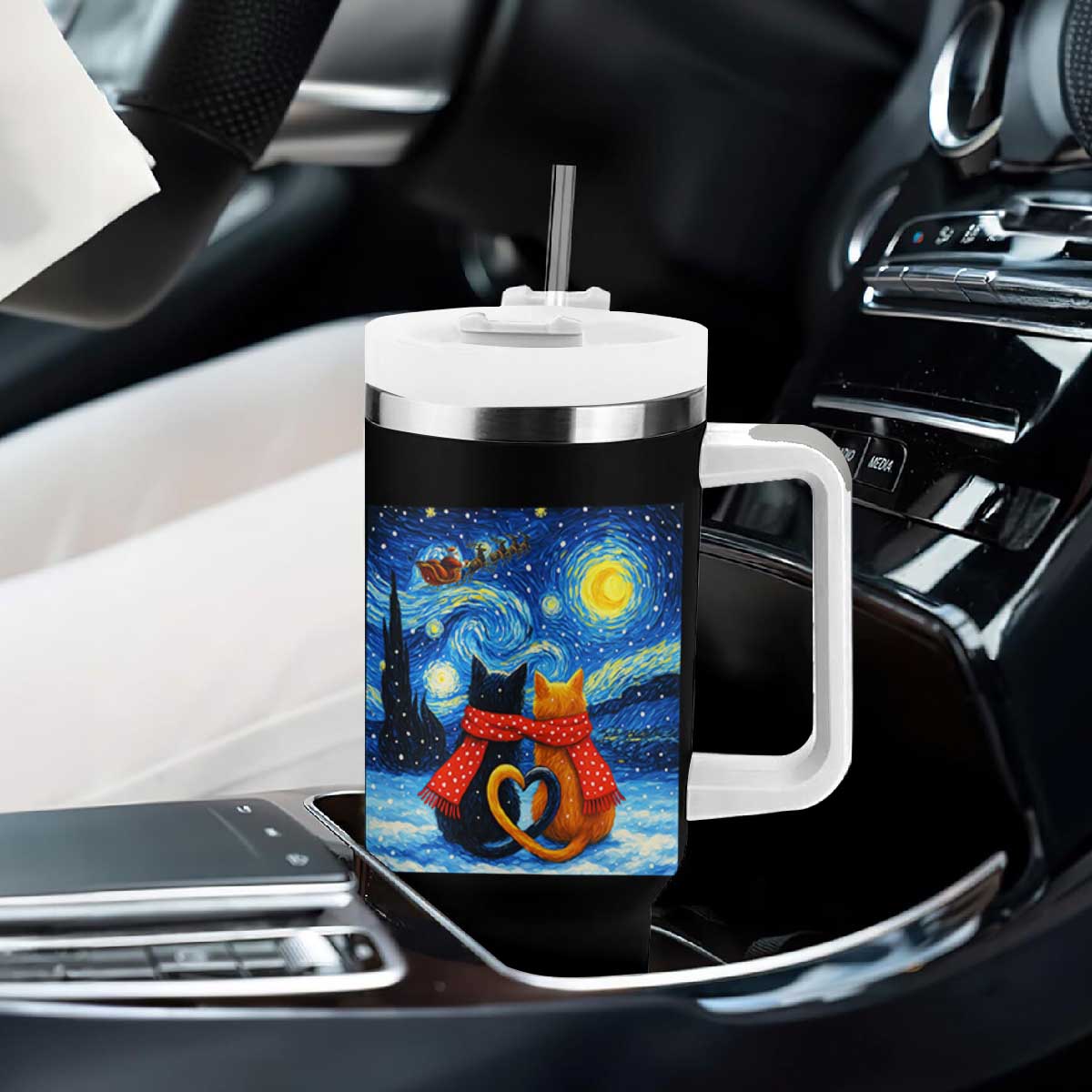 Funny Couples Christmas Tumbler With Handle Cats Lover Starry Night TS14 Print Your Wear