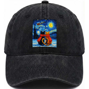 Funny Couples Christmas Washed Cotton Baseball Cap Cats Lover Starry Night TS14 Washed Cap Universal Fit Black Print Your Wear