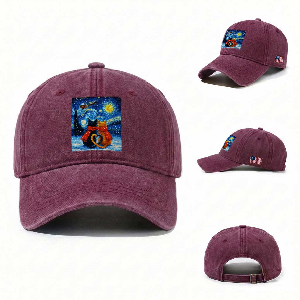 Funny Couples Christmas Washed Cotton Baseball Cap Cats Lover Starry Night TS14 Washed Cap Universal Fit Burgundy Print Your Wear