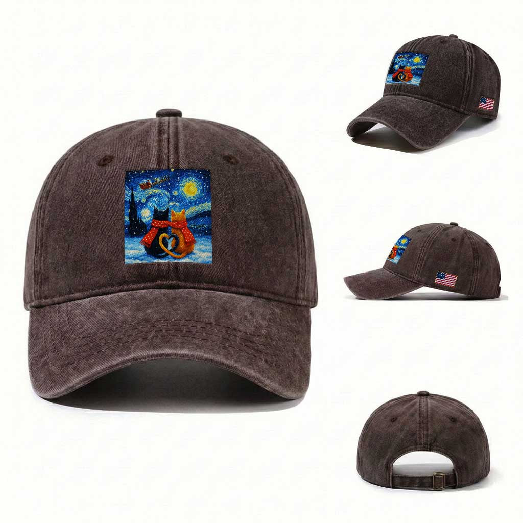 Funny Couples Christmas Washed Cotton Baseball Cap Cats Lover Starry Night TS14 Washed Cap Universal Fit Dark Brown Print Your Wear