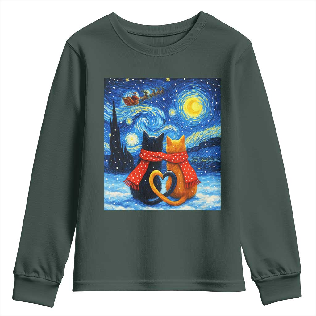 Funny Couples Christmas Youth Sweatshirt Cats Lover Starry Night TS14 Dark Forest Green Print Your Wear