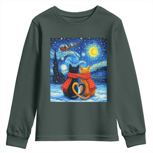Funny Couples Christmas Youth Sweatshirt Cats Lover Starry Night TS14 Dark Forest Green Print Your Wear
