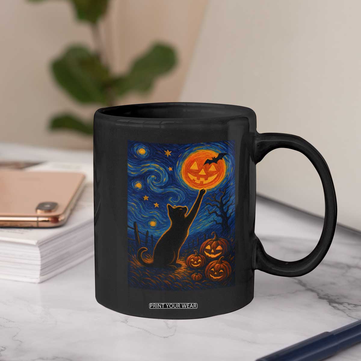 Black Cat Halloween Coffee Mug Starry Night Van Gogh TS14 Print Your Wear