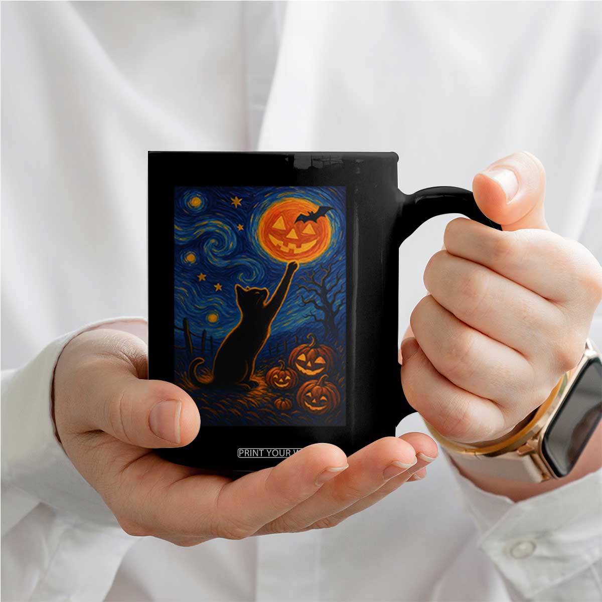 Black Cat Halloween Coffee Mug Starry Night Van Gogh TS14 Print Your Wear