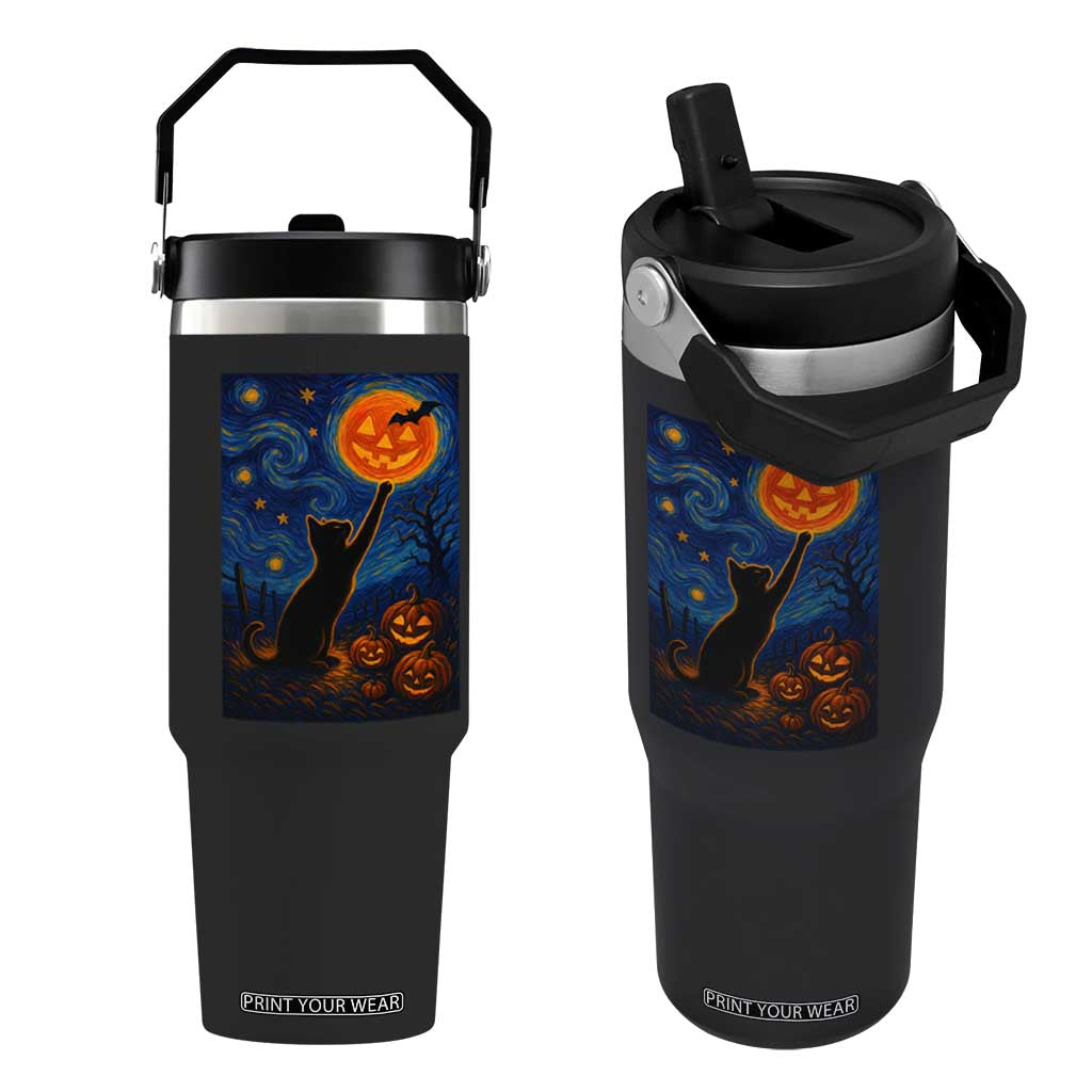 Black Cat Halloween Flip Straw Tumbler Starry Night Van Gogh TS14 One Size: 30 oz Black Print Your Wear