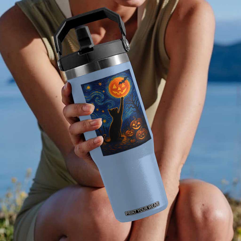 Black Cat Halloween Flip Straw Tumbler Starry Night Van Gogh TS14 One Size: 30 oz Light Blue Print Your Wear