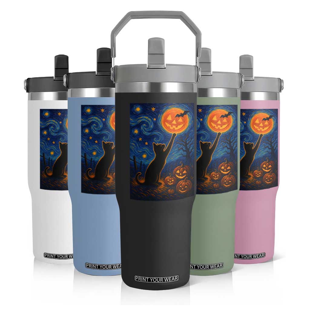 Black Cat Halloween Flip Straw Tumbler Starry Night Van Gogh TS14 Print Your Wear