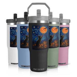 Black Cat Halloween Flip Straw Tumbler Starry Night Van Gogh TS14 Print Your Wear
