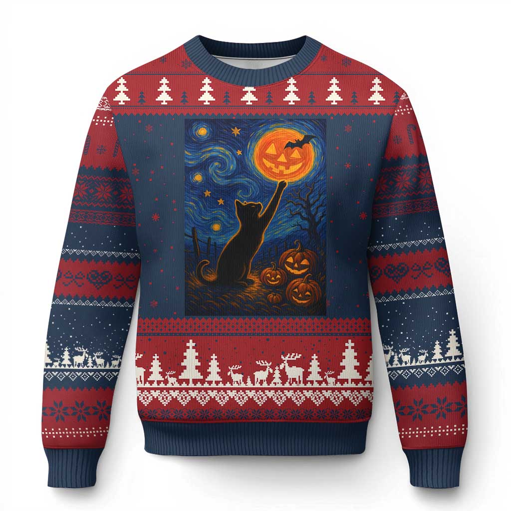 Black Cat Halloween Ugly Christmas Sweater Starry Night Van Gogh TS14 Navy Red Print Your Wear