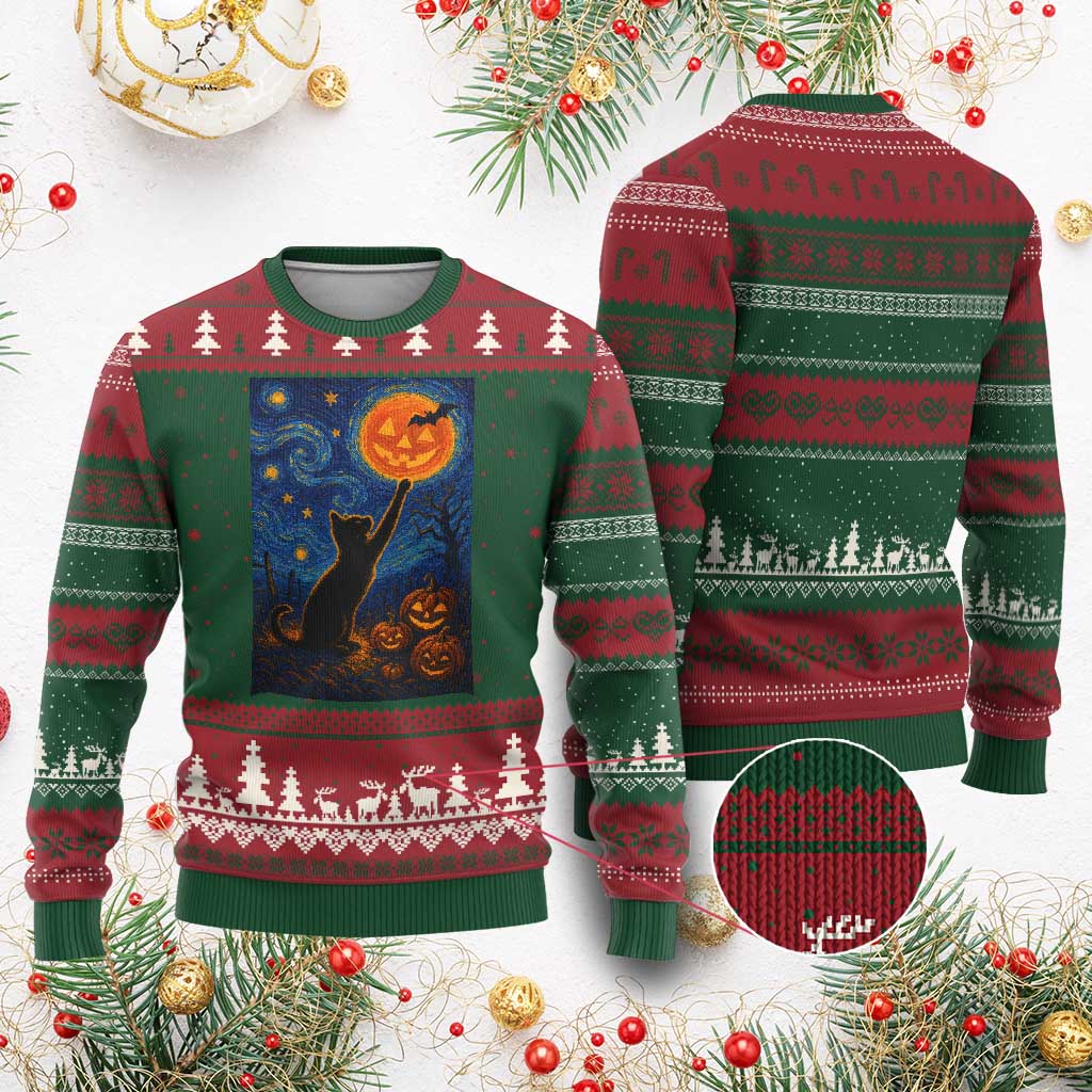 Black Cat Halloween Ugly Christmas Sweater Starry Night Van Gogh TS14 Red Green Print Your Wear