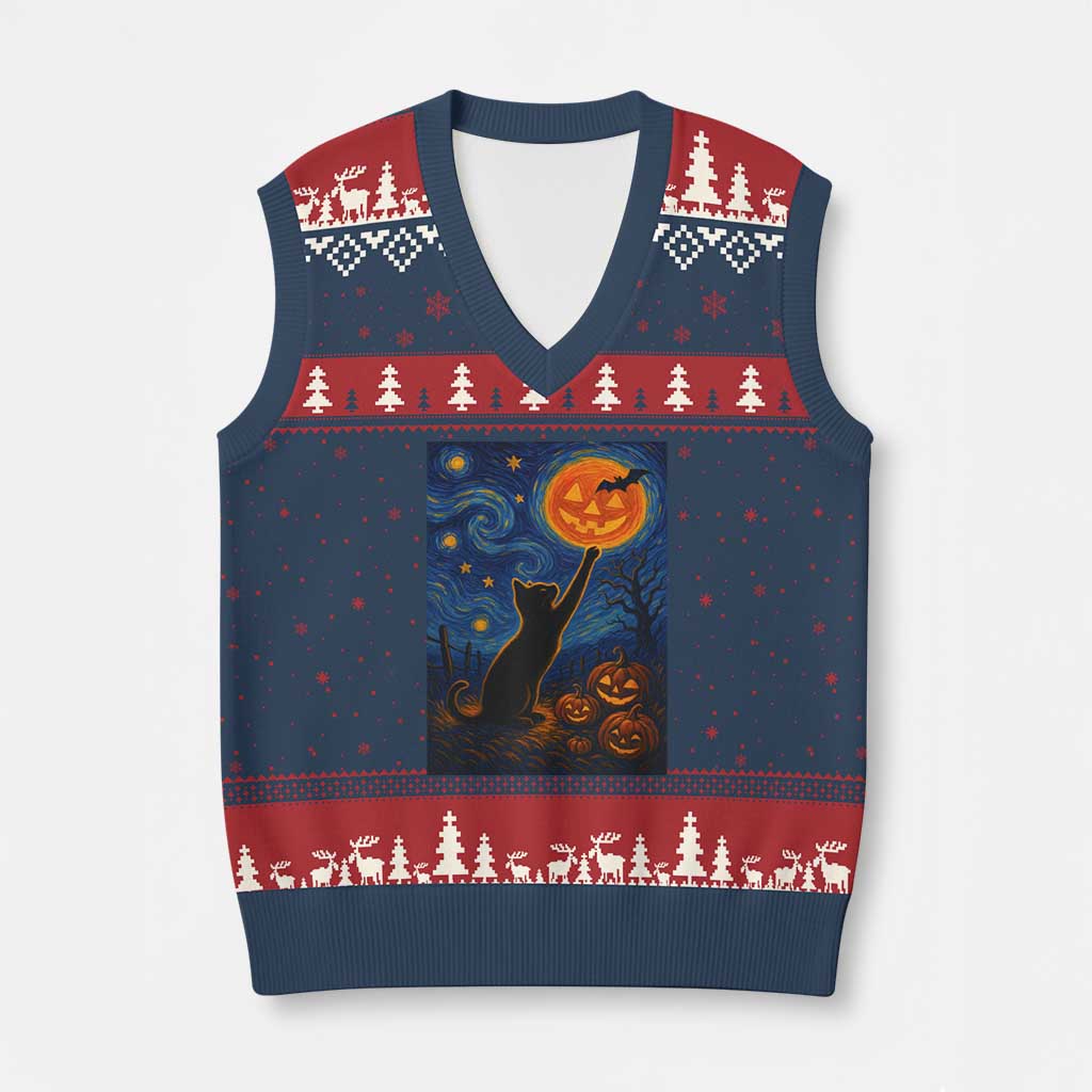 Black Cat Halloween V-Neck Knit Sweater Vest Starry Night Van Gogh TS14 Navy Red Print Your Wear