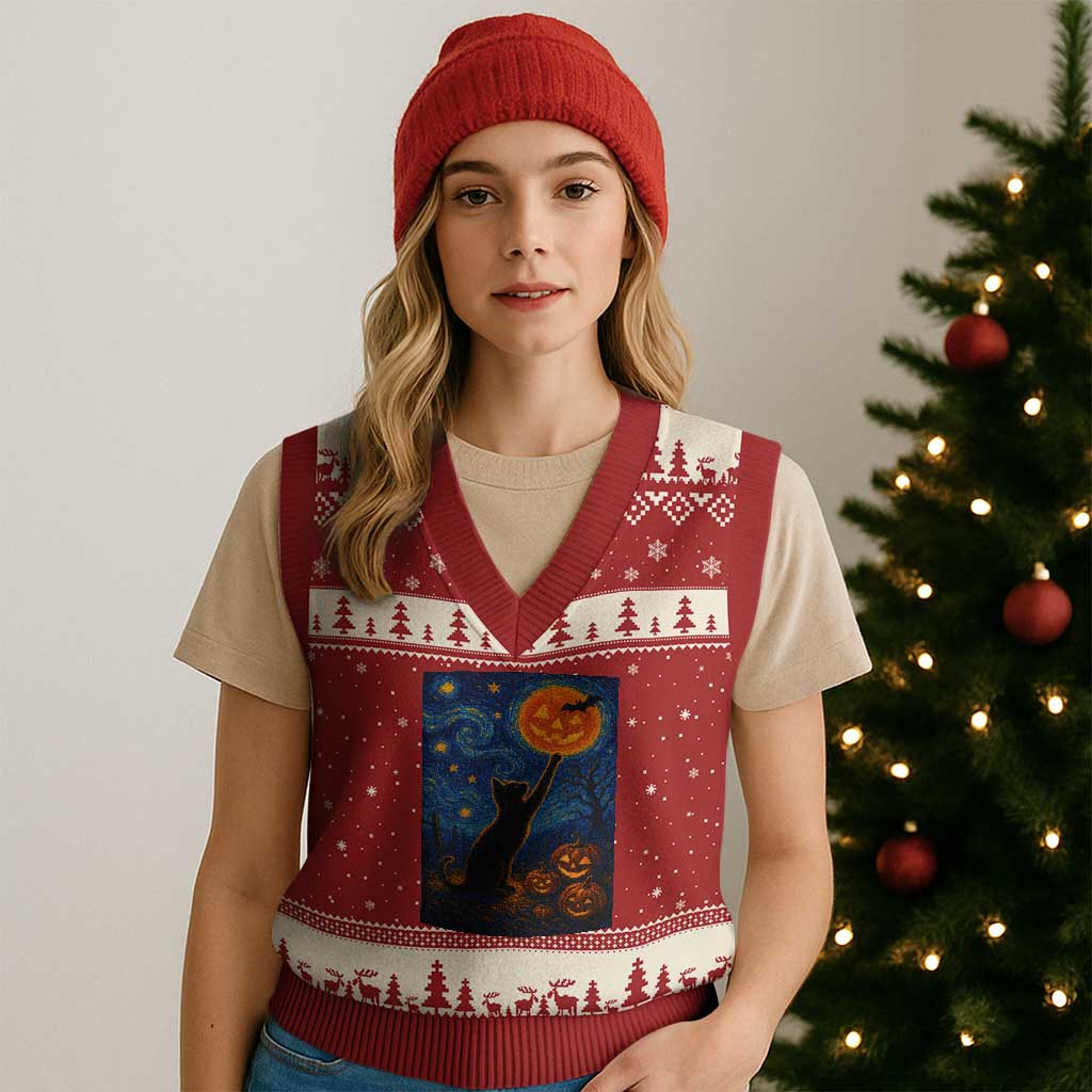 Black Cat Halloween V-Neck Knit Sweater Vest Starry Night Van Gogh TS14 Red Beige Print Your Wear