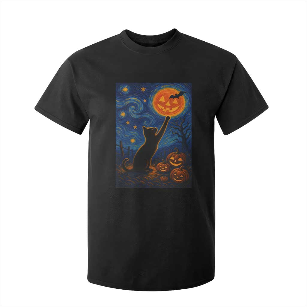 Black Cat Halloween T Shirt For Kid Starry Night Van Gogh TS14 Black Print Your Wear