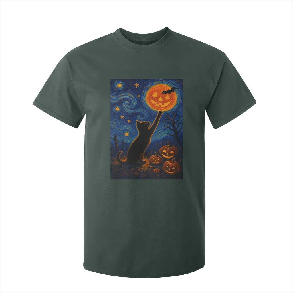 Black Cat Halloween T Shirt For Kid Starry Night Van Gogh TS14 Dark Forest Green Print Your Wear