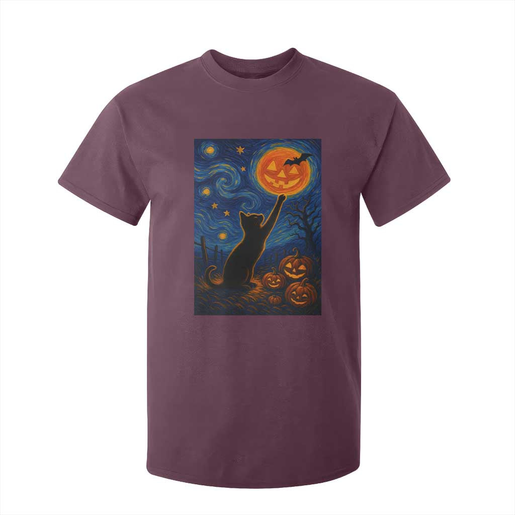 Black Cat Halloween T Shirt For Kid Starry Night Van Gogh TS14 Maroon Print Your Wear
