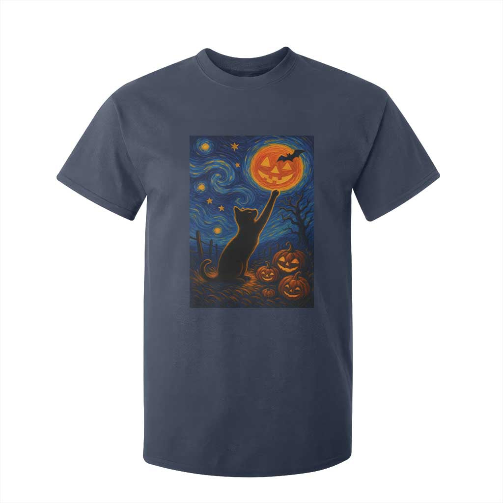 Black Cat Halloween T Shirt For Kid Starry Night Van Gogh TS14 Navy Print Your Wear
